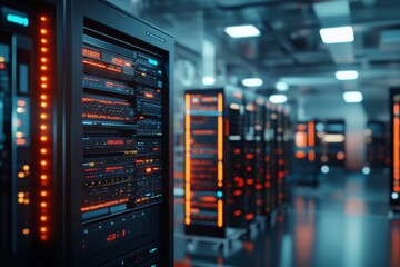 Fototapeta premium A high-tech data center is filled with illuminated server units, exuding an ambiance of cutting-edge technology and efficient data management, featuring vibrant colors.