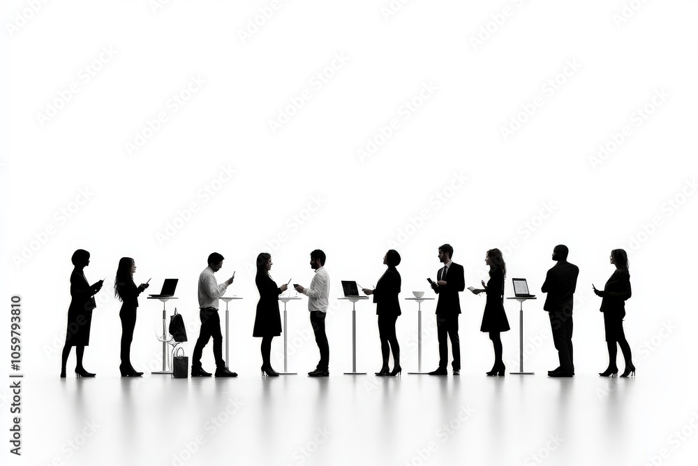 Poster this image captures a group of silhouetted professionals engaging in networking and discussions at h