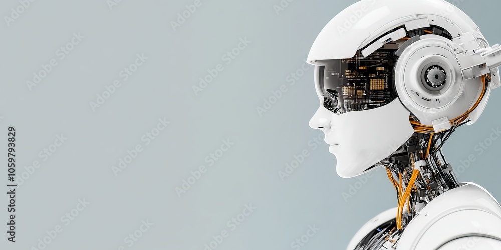 Poster a sleek white humanoid robot with visible mechanical components, symbolizing the merge of machinery 