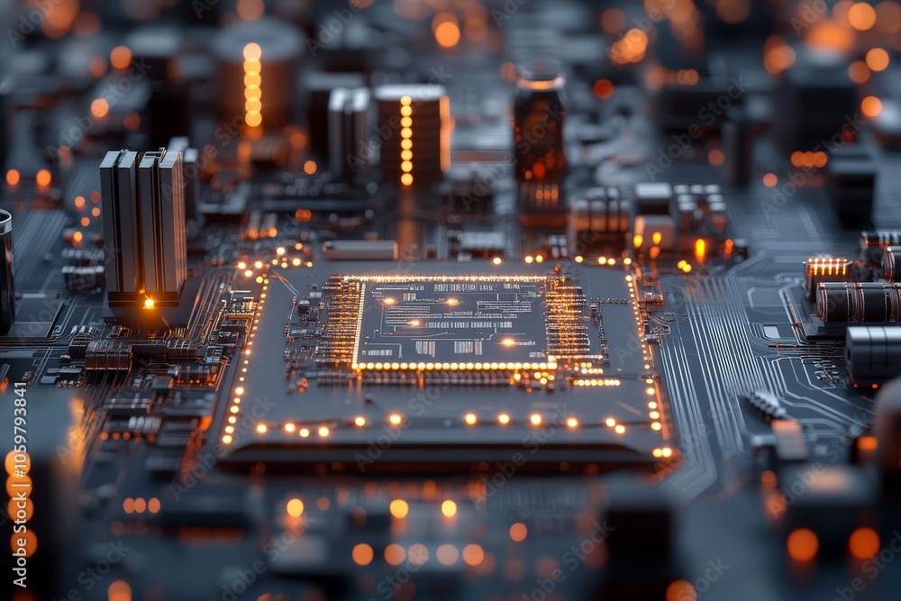Poster this image illustrates a detailed close-up of a microchip on a circuit board with glowing nodes, sym
