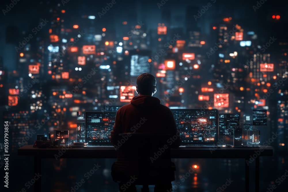 Poster a lone programmer sits in a dark room, surrounded by multiple screens displaying cityscapes and codi