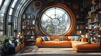 Obraz premium A modern, steampunk-inspired living room with a large circular window overlooking a cityscape.