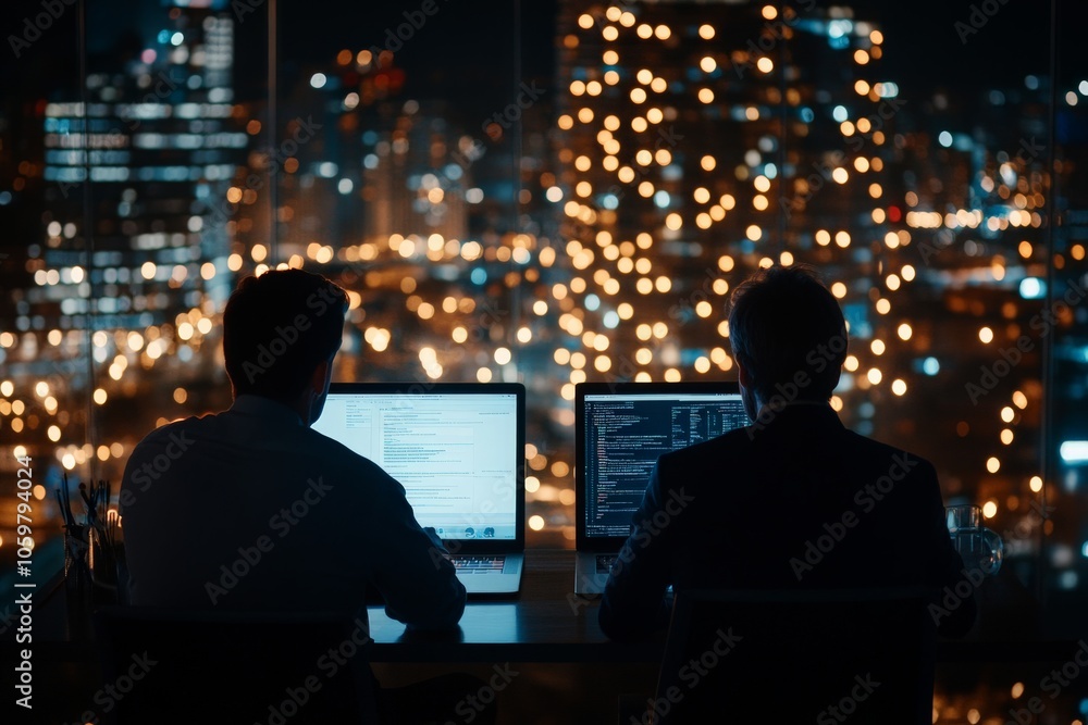 Poster in a dark office, two programmers are immersed in coding on laptops, with city lights twinkling in t