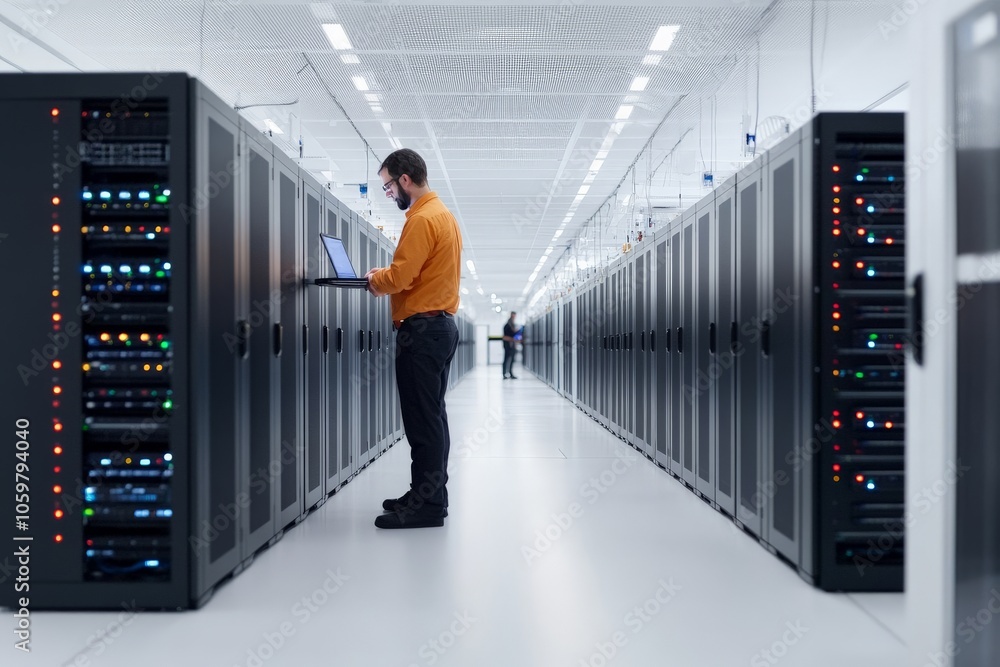 Poster a technician working on a laptop stands between tall server racks in a pristine white data center, s
