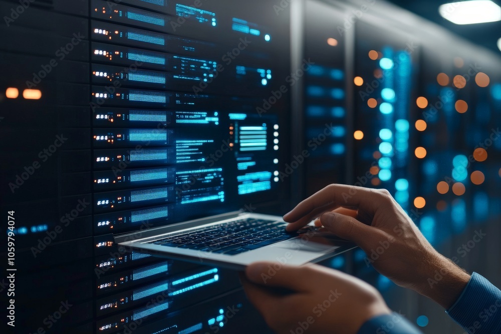 Poster a person types on a laptop within a server room, surrounded by server racks with glowing blue lights