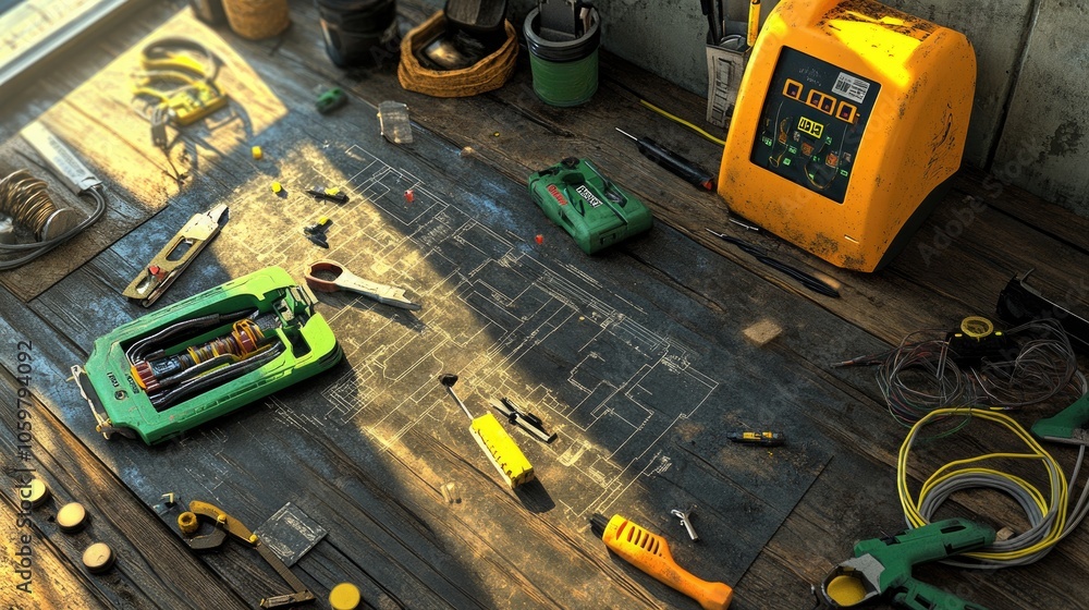 Poster workbench with tools and blueprint layout