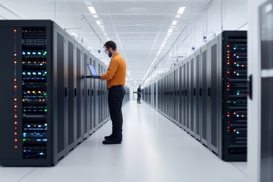 A technician working on a laptop stands between tall server racks in a pristine white data center, symbolizing efficiency and data management.