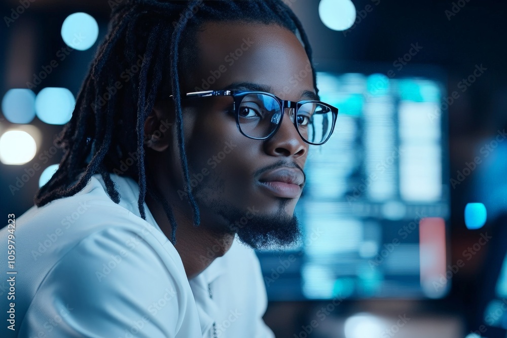 Poster a young professional wearing glasses is deep in thought, analyzing data displayed on computer monito
