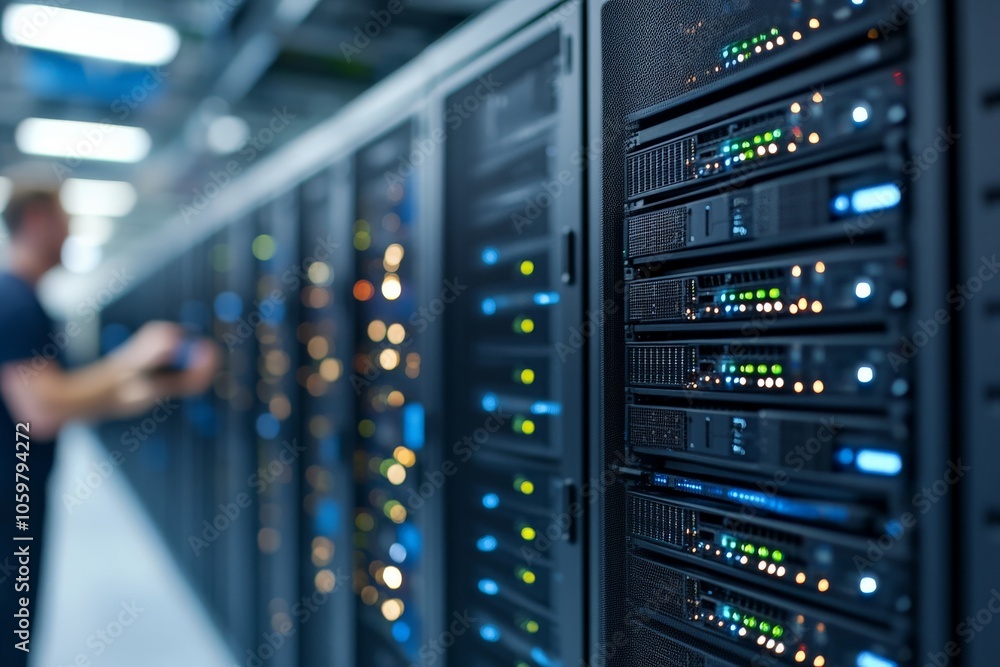 Poster a blurred technician standing in a hallway filled with illuminated server racks, symbolizing modern 