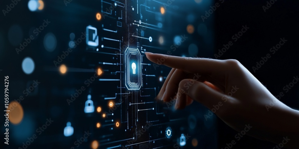 Poster a hand reaches towards a digital lock interface, illustrating cyber security concepts, emphasizing p