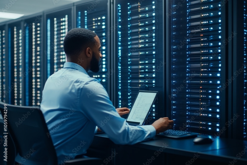 Poster a focused professional examines a laptop screen while seated in front of a row of illuminated server