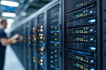 A blurred technician standing in a hallway filled with illuminated server racks, symbolizing modern technology and efficient digital data management.