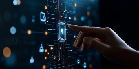 A hand reaches towards a digital lock interface, illustrating cyber security concepts, emphasizing protection and the future of digital identification systems.
