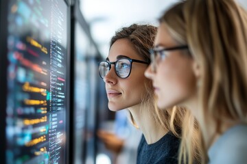 Two professional women collaborate on a coding project with data displayed on a monitor, reflecting teamwork and shared expertise in a high-tech environment.