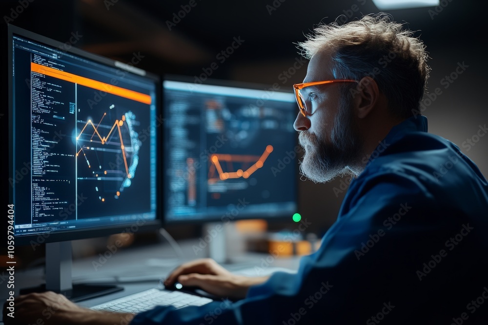 Aufkleber a determined individual wearing glasses analyzes complex data visualizations on dual screens, focusi