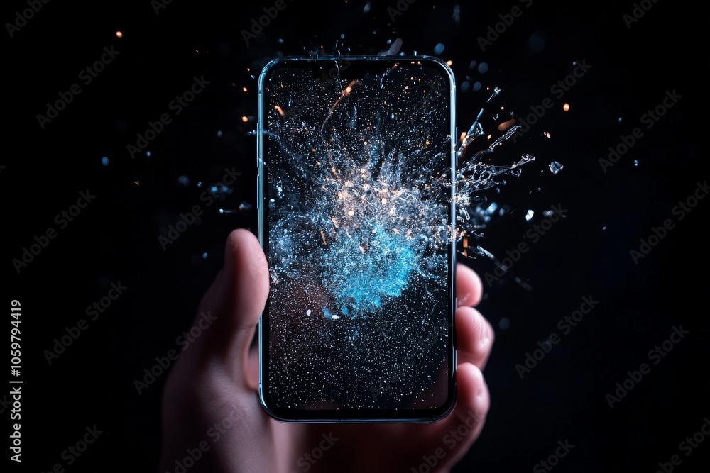 Aufkleber an artistic representation of a smartphone screen with an explosive visual effect, suggesting the po