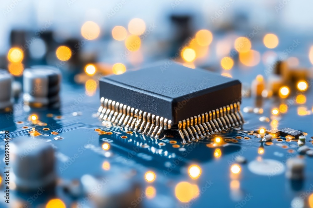 Poster a detailed close-up of a microchip is centered on an illuminated circuit board, showcasing the intri