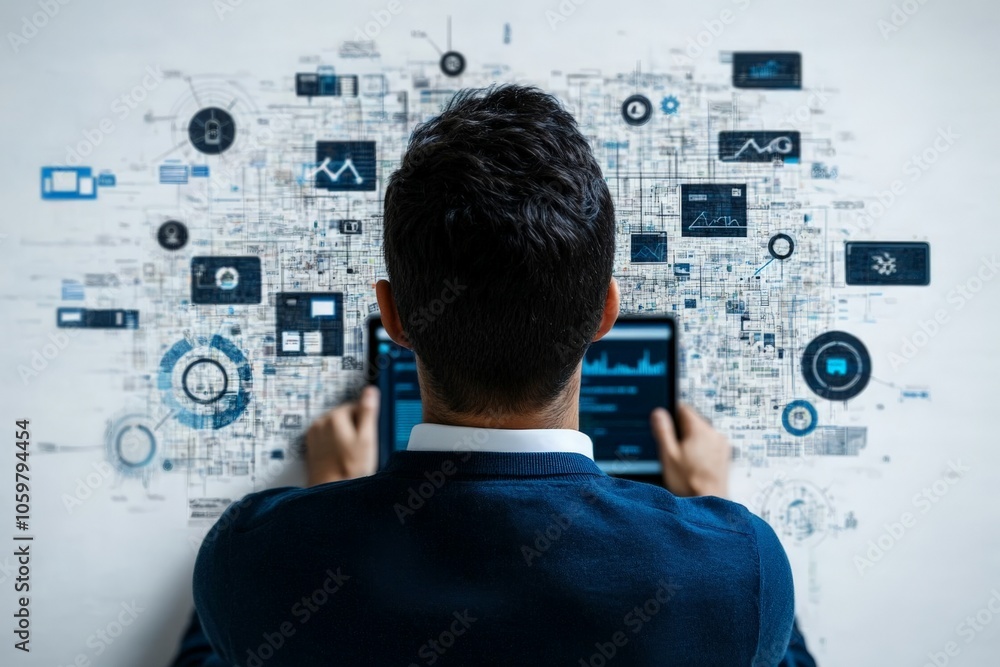 Poster a person in a business suit uses a digital tablet to interact with complex data and graphs on a digi