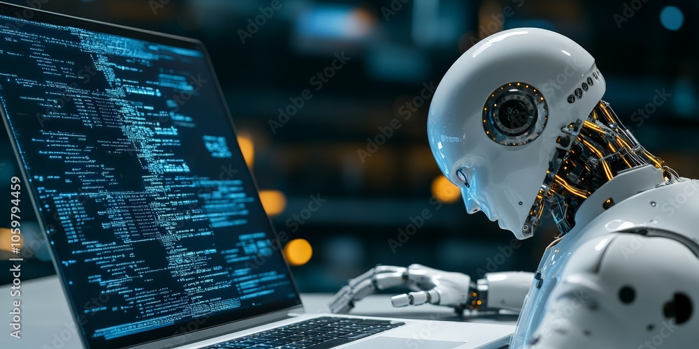 Poster a humanoid robot closely examining code on a laptop screen depicting artificial intelligence and mac
