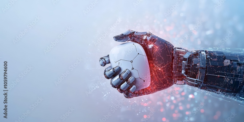 Poster a robotic hand holds a futuristic white spherical object symbolizing advanced technology and innovat