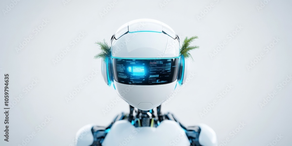 Aufkleber an image of a robot with a digital visor and organic elements, reflecting a harmonious blend of tech