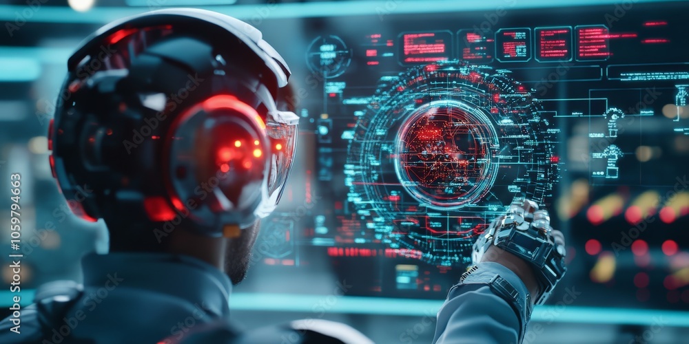 Poster a futuristic scene featuring a cybernetic operator interacting with a high-tech digital interface, s