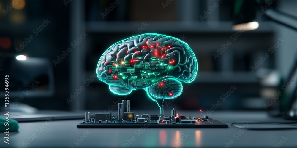 Poster an electrifying image of a glowing brain suspended above a circuit board cityscape, representing the