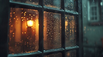 A close-up view of a rain-soaked window, with warm light glowing from the background.