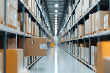 Obraz premium This image depicts an organized warehouse aisle with neatly arranged boxes, representing logistics, storage, efficiency, and modern supply chain management practices.