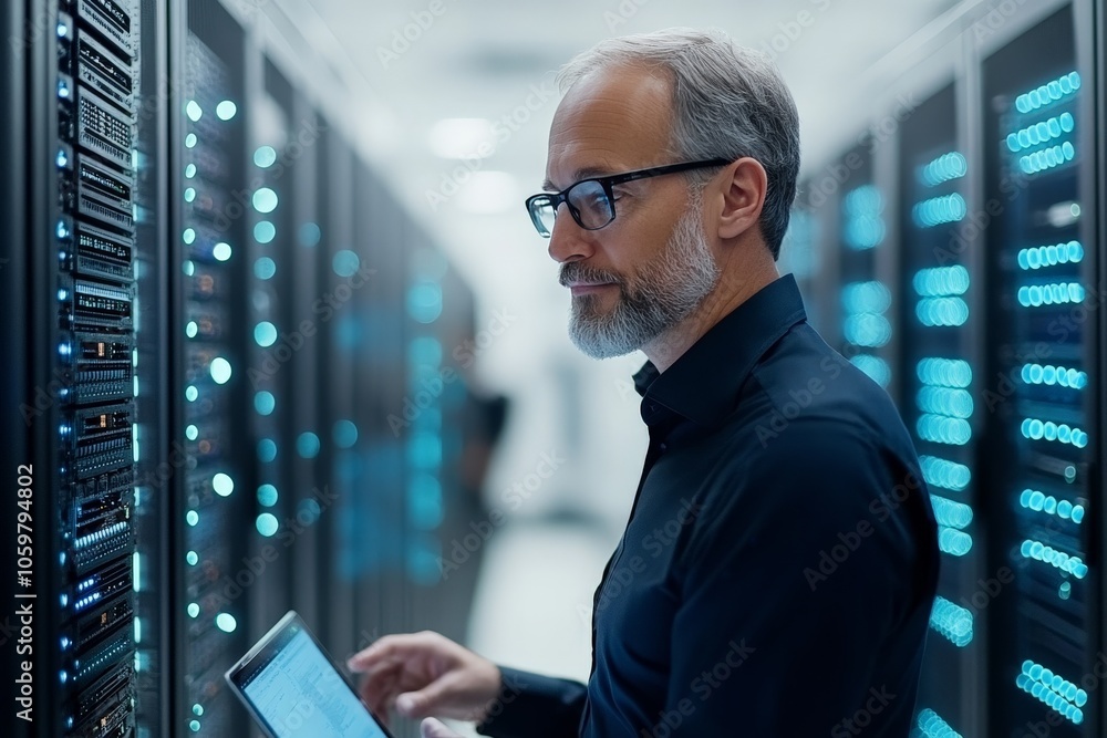 Poster a technician with glasses examines a server rack using a tablet device, emphasizing the integration 