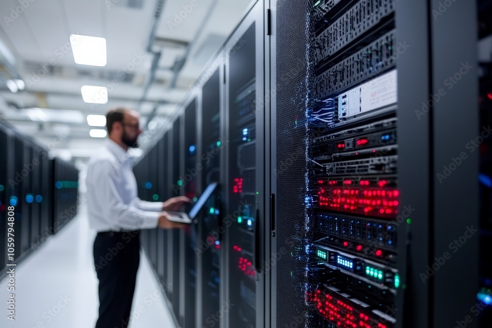 Poster an engineer dressed in business attire works on a laptop amidst a row of vibrant servers, highlighti