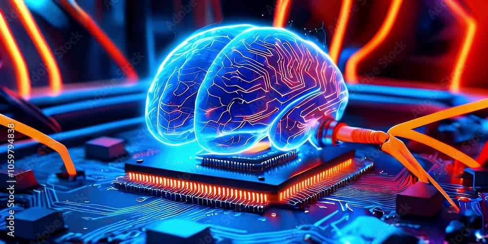 Poster a glowing blue brain connected to a circuit board with orange wires, representing the concept of art