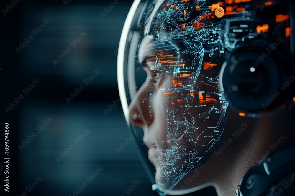 Poster a close-up image shows a person wearing a helmet with intricate digital data visualizations projecte