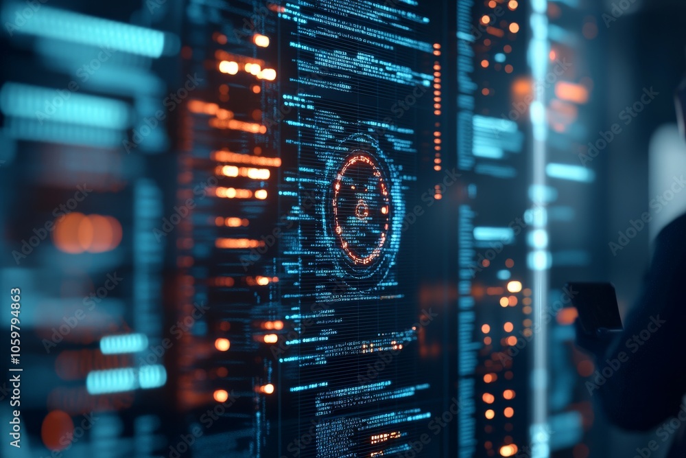 Poster the image showcases a digital interface filled with advanced coding data, hinting at futuristic tech