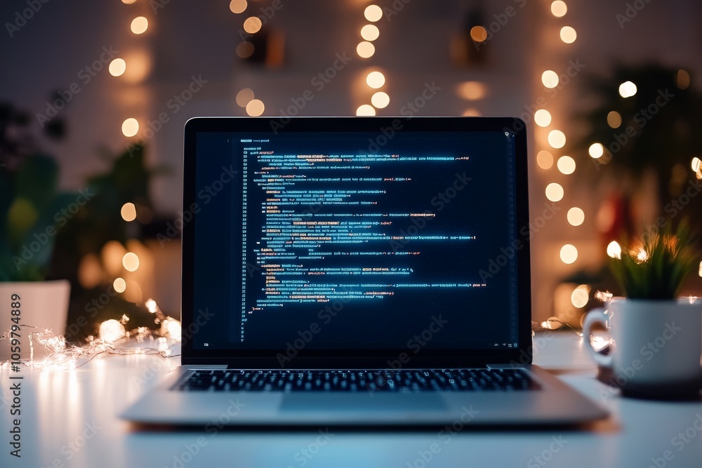 Poster this image features a laptop with vibrant lines of programming code on the screen, emphasizing the e