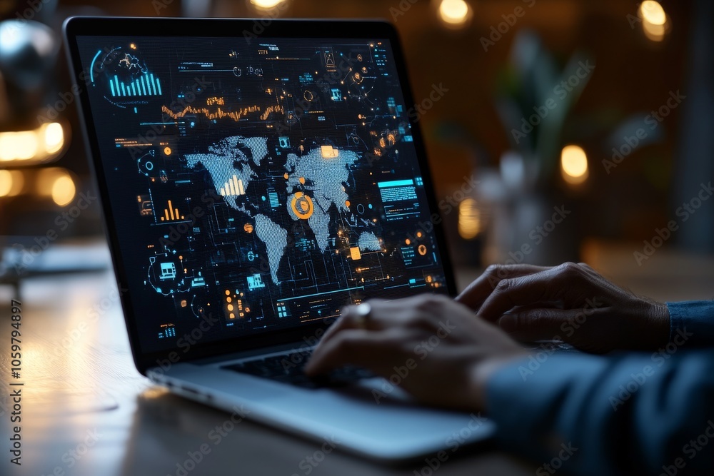 Poster a person using a laptop displaying a global digital interface for data analysis, signifying the glob