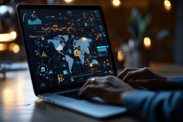 A person using a laptop displaying a global digital interface for data analysis, signifying the global connectivity and dynamic visualization in analytical technology.