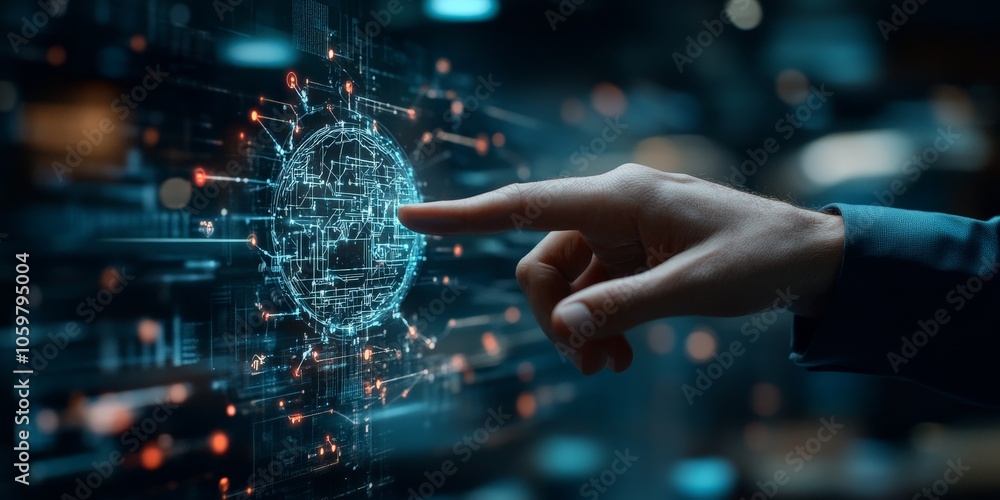 Poster a hand reaches towards a luminous digital globe, symbolizing global connectivity and interaction thr