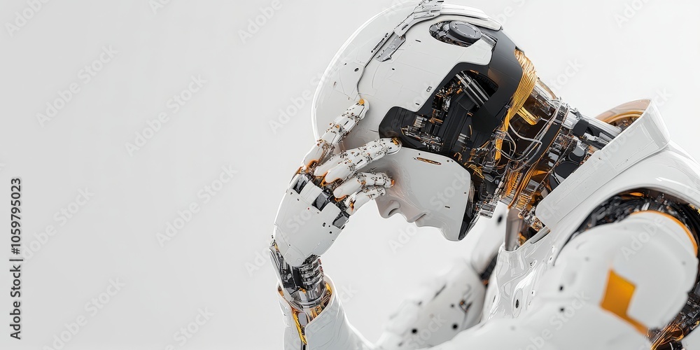 Poster a robot is shown deep in contemplation, highlighting its exposed internal circuitry, symbolizing ai 