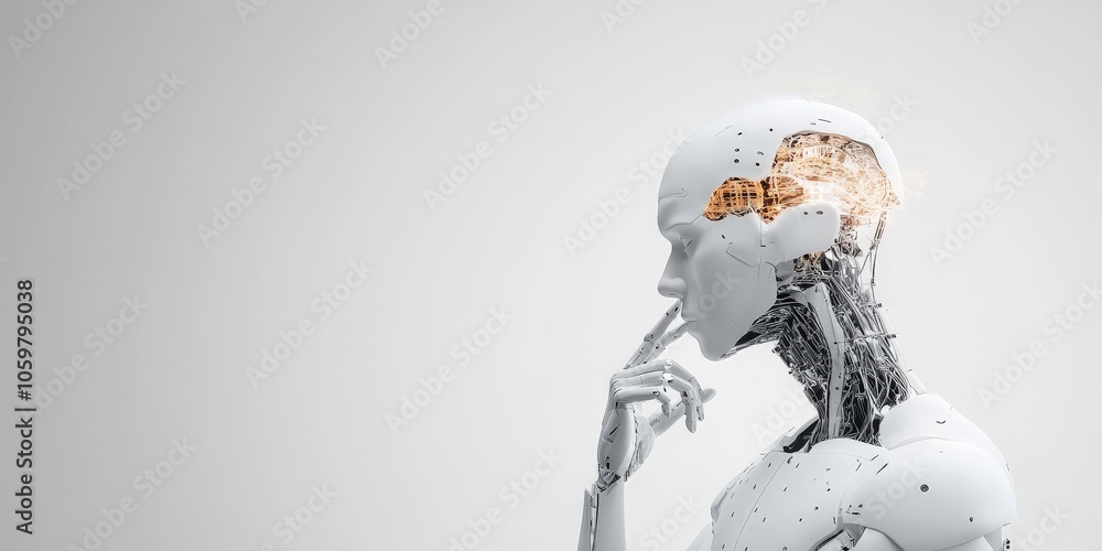 Poster a side profile of a robot depicted in contemplation with visible circuitry, emphasizing ai thought p