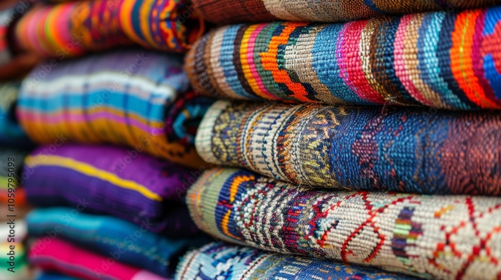 Poster vibrant selection of colorful textiles with intricate patterns are stacked high, showcasing the craf