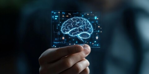 A hand holds a digital holographic brain, representing the tangible interface of artificial intelligence and cognitive technology in modern times.