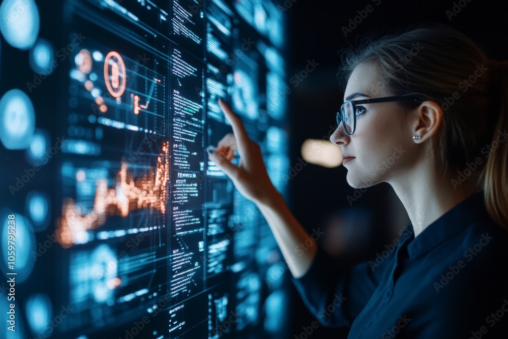 Poster a woman intensely analyzes complex data on a futuristic virtual screen, showcasing technology and fo