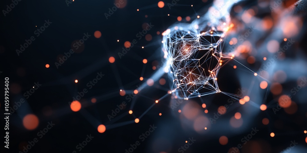 Poster a dynamic digital formation of interconnected lines and nodes, mainly in red and blue, reflecting th