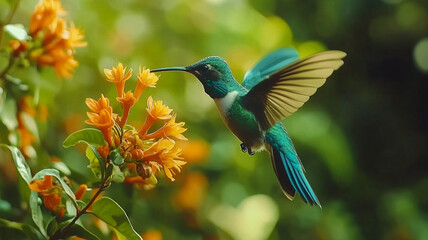 Fototapeta premium A vibrant hummingbird hovers near bright orange flowers in a lush garden setting