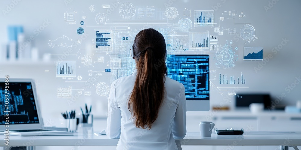 Aufkleber woman seated at a desk in an office environment, analyzing multiple digital data streams surrounding