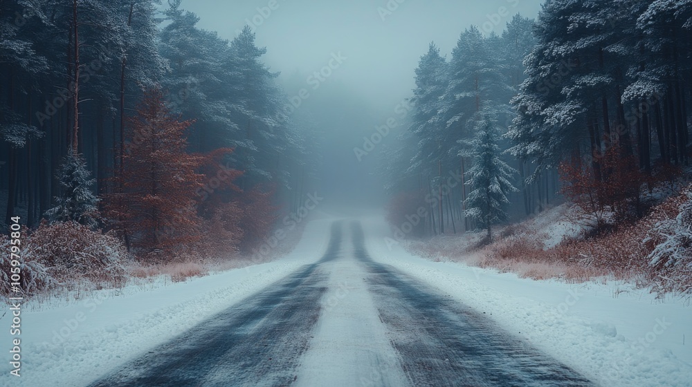 Aufkleber a winding road disappears into a misty forest blanketed in snow, while tall trees create a peaceful,