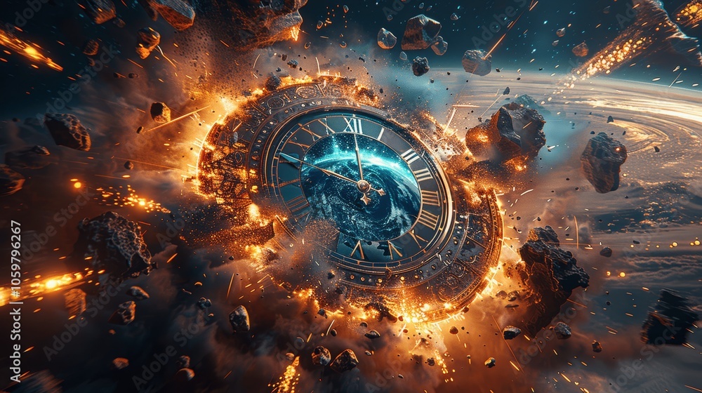 Poster energized clock in space: time frozen amid exploding debris