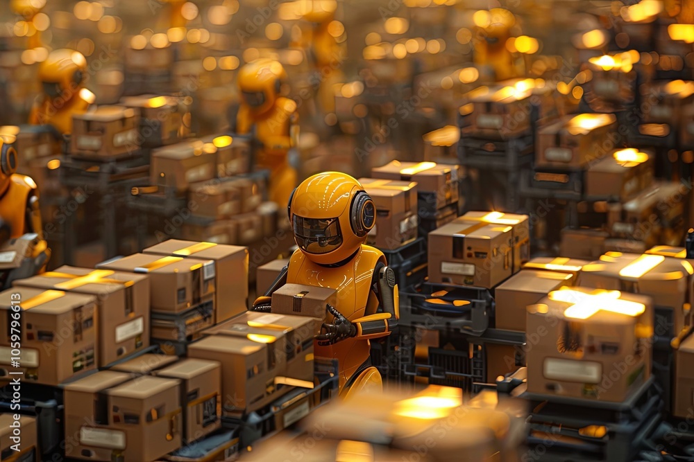 Poster robotic workers sorting packages in a bustling warehouse during the day with warm lighting and effic