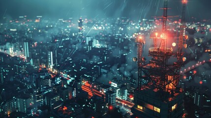 Fototapeta premium A birds eye view of a 5G tower rising above a cityscape its bright lights shining like a beacon in the night.